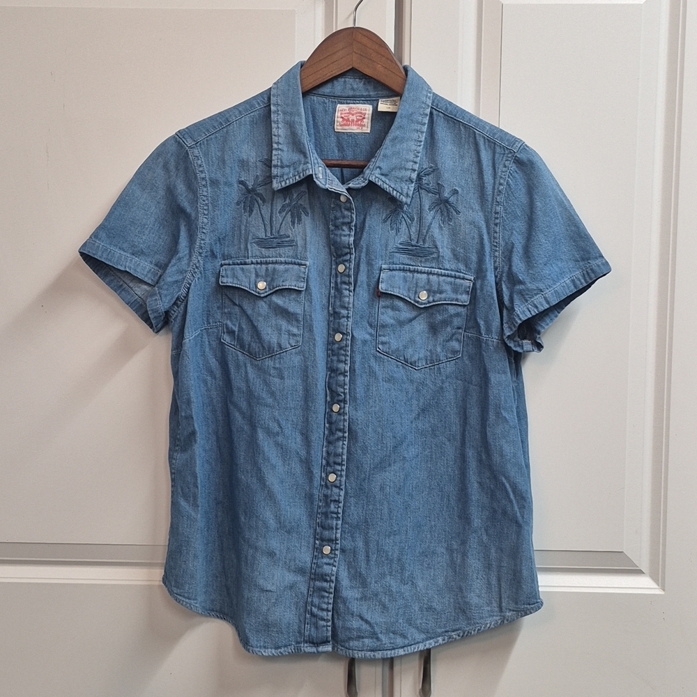 Levi's Women's Denim Western Shirt Embroidered Palm Trees, Pearl Snaps, Size L